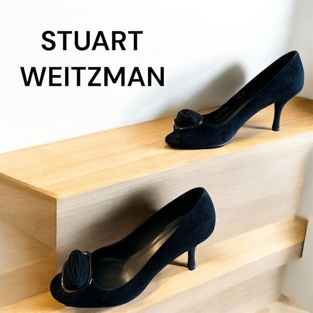 Stuart Weitzman Women's Black Peep Toe Suede Upper Rosette Accent Leather Sole